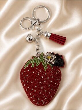 Red Strawberry Bag Charm Keychain Crystal Tassel Purse Charm
